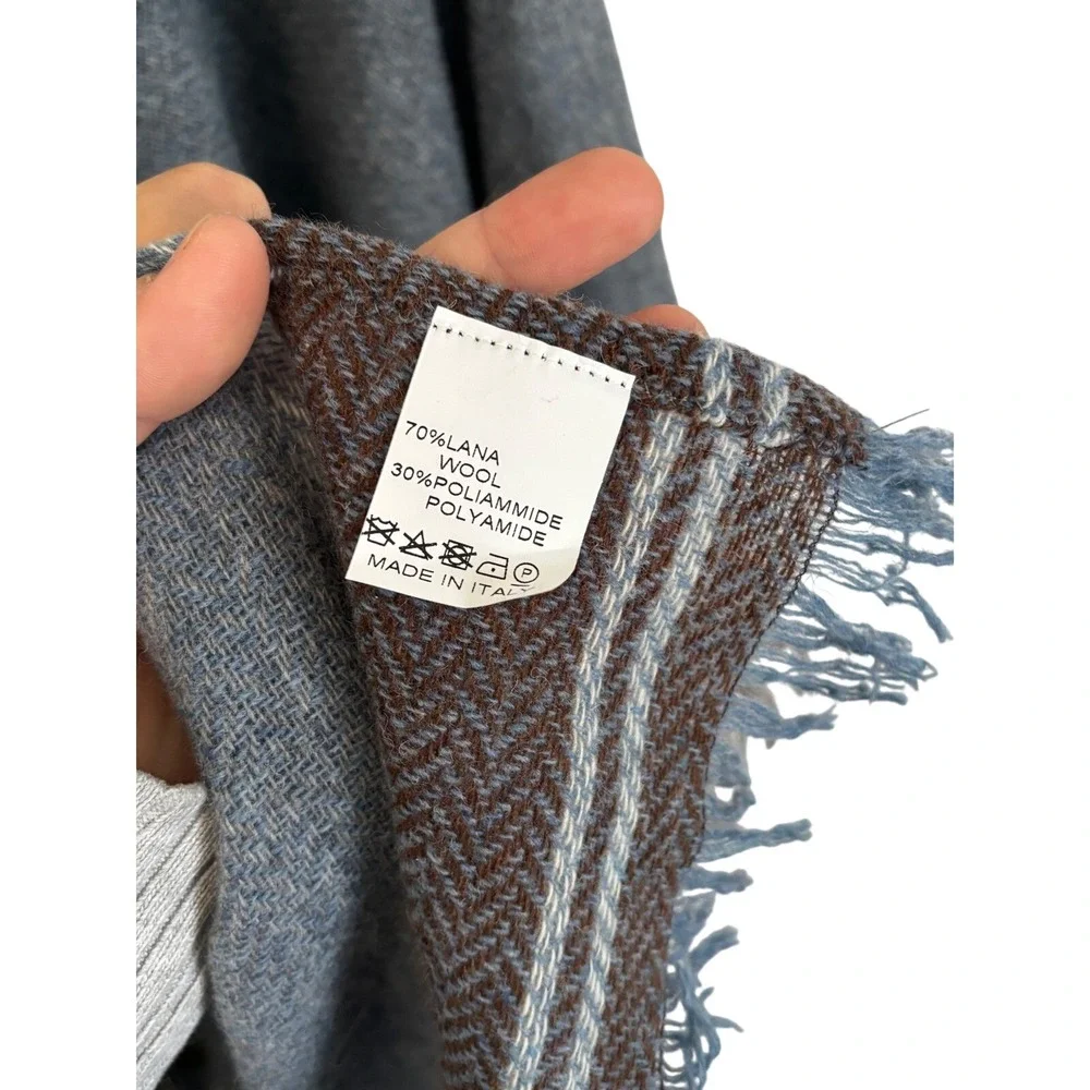 Lands Downunder Blue Wool Blend Fringe Poncho Wrap Shawl Made in Italy‎